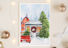 Plakat z zimowo-świątecznym obrazkiem. Czerwone auto choinka, kościół i zimowa chatka