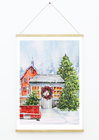 Plakat z zimowo-świątecznym obrazkiem. Czerwone auto choinka, kościół i zimowa chatka