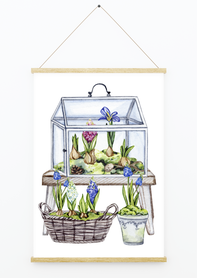 Plakat wiosenny do domu z mini szklarnią kwiaty