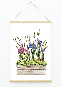 Plakat wiosenny kwiaty w drewnianej skrzynce