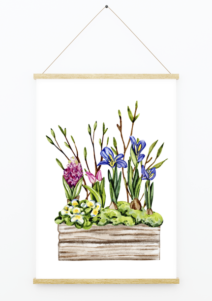 Plakat z drewnianą skrzynką pełną kwiatów