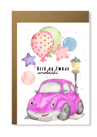 Kartka dla dziewczynki z samochodem różowym